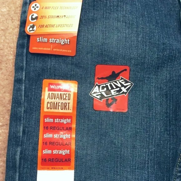 NEW BOY’S BLUE JEANS WRANGLER SLIM STRAIGHT FLEX SIZE 16 REGULAR WRANGLERS PANTS - Picture 4 of 5